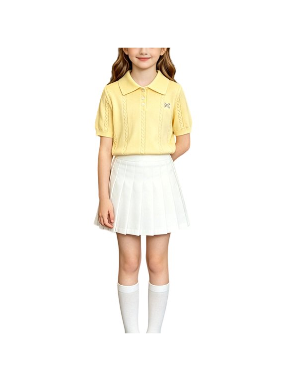 Kids Collar Button Down Short Sleeve Tshirts Ribbed Henley Shirts Girls Stretchy Knit 𝖲mocked Waist Blouse Toddler Baby Girl Lapel Pullover Pol𝗈 Shirt School Casual Tops