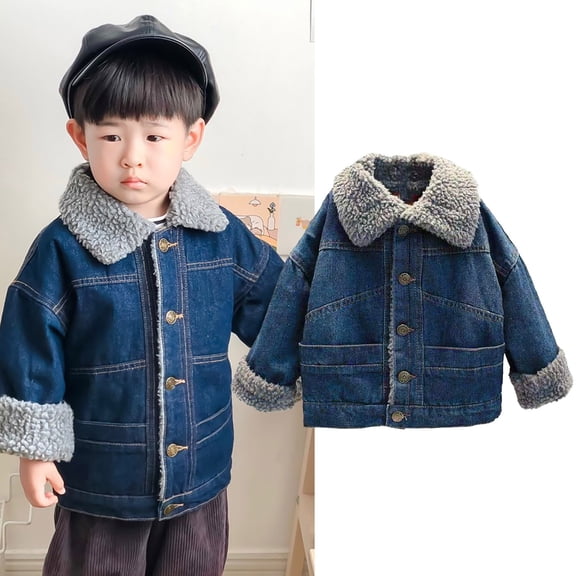 XXWXYD Kids Fleece Denim Jacket Toddler Girl Boy Sherp𝖺 Lined Winter Thicken Coat Button Warm Outerwear Cute Cozy Soft Plush Autumn Winter
