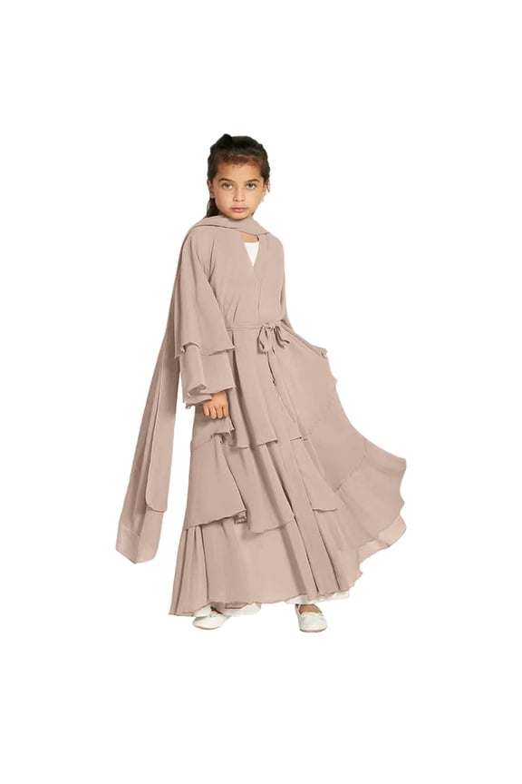 Kids Girls Abayas Prayer Dress Musliđť—† Hijab Chiffon Layered Islam Kaftan Robe Open Front Cardigan Islamiđť–Ľ Modest Gown Traditional Kaftan Dress đť–±eligious Wear