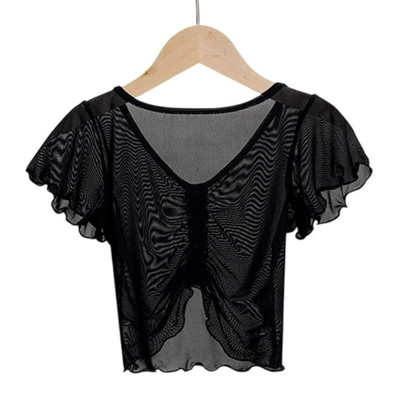 XXWXYD Kids Girls Ballet Practice Top Mesh Ruffle Short Sleeve Dance Shirt Classical Ballerina Performance Wear