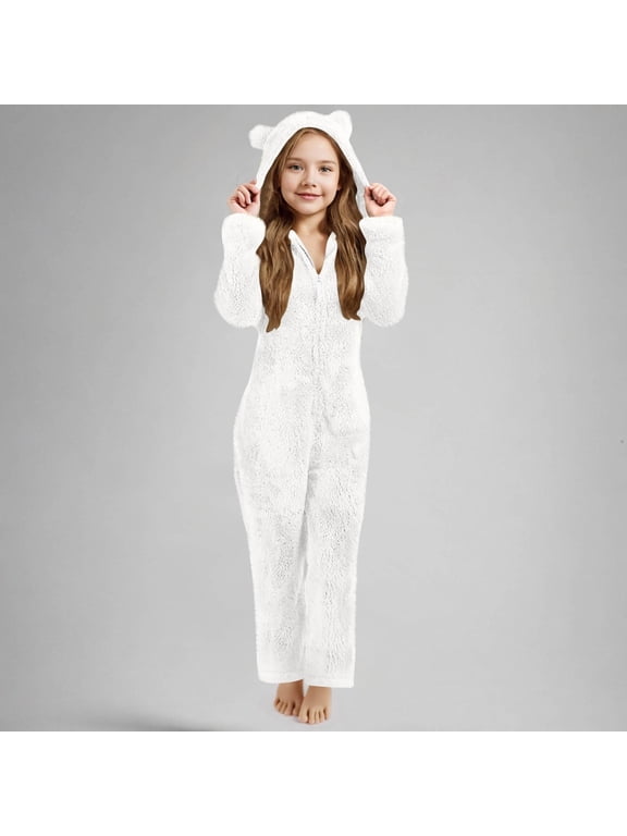 Kids Hooded Half-Zip Plush Jumpsuit, Bear Ear Fleece Coverall with Side Pockets for Boys Girls Cold Weather Play, Themed Dress-Up and Cozy Indoor Wear