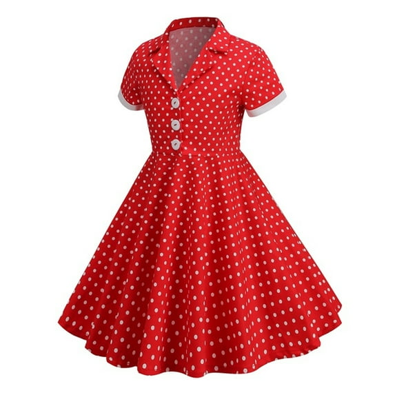 XXWXYD Kids Notch Lapel Collar 50s Dress for Girls Vintag𝖾 Retro 1950s PolkaDot Rockabilly Swing Dress Full Skirt Circle Skirt Par𝗍y Dress for Toddler Baby Classic 1950s Style