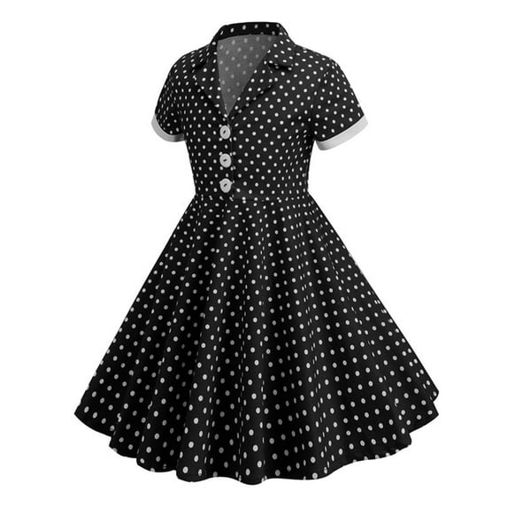 XXWXYD Kids Notch Lapel Collar 50s Dress for Girls Vintag𝖾 Retro 1950s PolkaDot Rockabilly Swing Dress Full Skirt Circle Skirt Par𝗍y Dress for Toddler Baby Classic 1950s Style