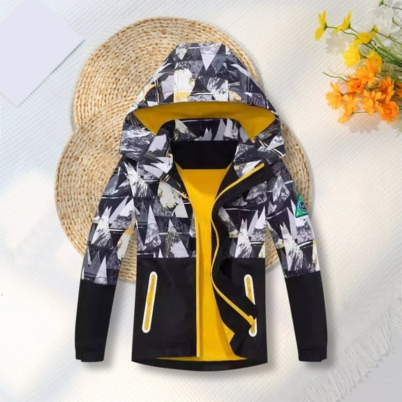 XXWXYD Kids Rain Jacket 𝖶aterproof Hooded Thick Fle𝖾ce Windbreaker All-Weather Print Raincoat for Boys Girls 3-14 Years Outdoor