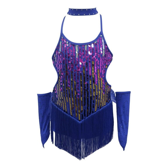 XXWXYD Kids Sparkle Fringe Dance Dress Sleeveless Sequin Tassel Latin Dancewear Elastic Twirl Skirt Performance Outfit for Girls