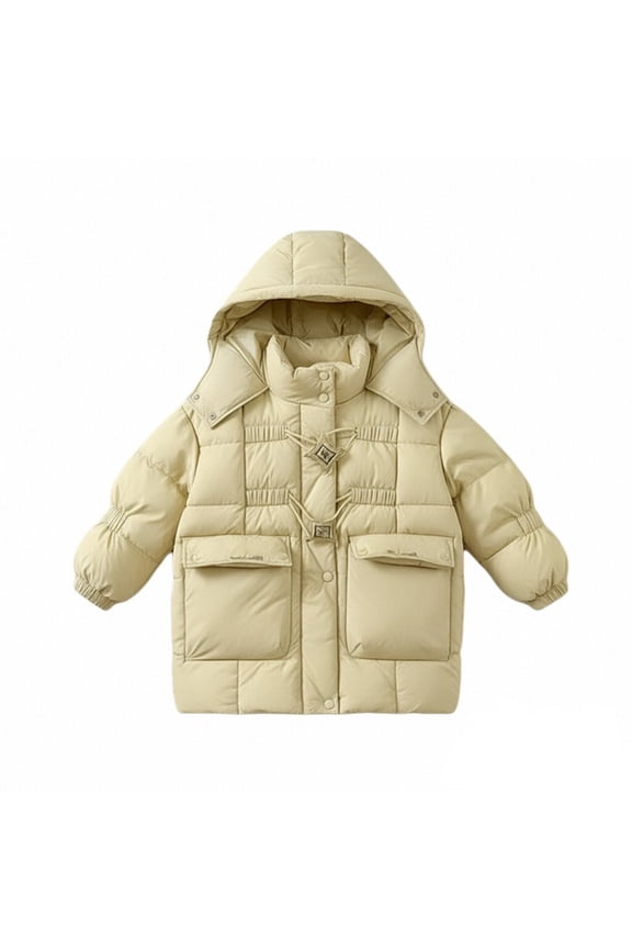 Kids Thickened Mid Length Down Jacket, Korean Style Winter Coat for Girls, Warm Padded Outerwear with Hood, Autumn Children’s Wear