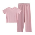 thumbnail image 1 of XXWXYD Kids Unisex Boys Girls Cotton PJ Set with Contrast Stripes, Short Sleeve Top & Lounge Pants - Machine-Washable Sweatsuit for Daycare/Home, 1 of 9