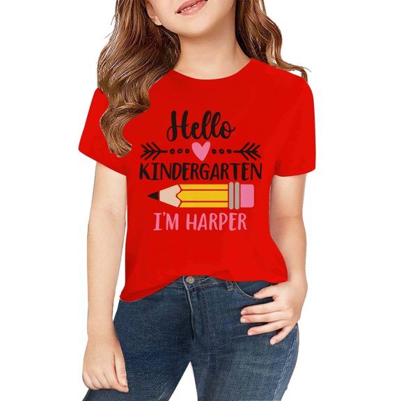 XXWXYD Kindergarten Personalized Back To School Shirt, Custom Name Pencil Design T-Shirt, First Day Announcement Gift for Toddler Youth Girls