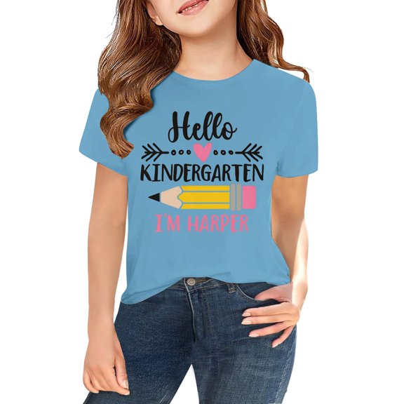XXWXYD Kindergarten Personalized Back To School Shirt, Custom Name Pencil Design T-Shirt, First Day Announcement Gift for Toddler Youth Girls