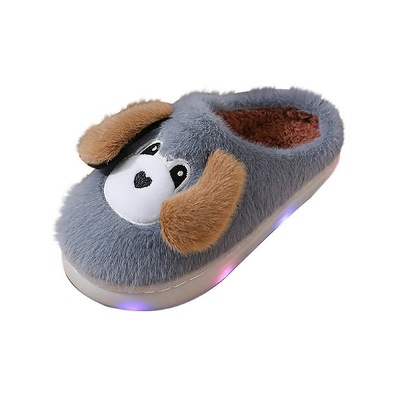 XXWXYD LED Light-Up Dog Slippers for Kids, Glitter Sole Plush House Shoes with Non-Slip, Warm Fuzzy Indoor Slippers for Toddlers Boys Girls