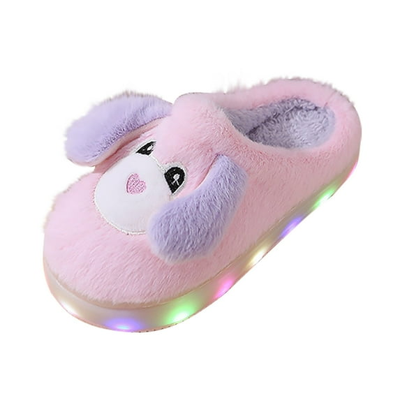 XXWXYD LED Light-Up Dog Slippers for Kids, Glitter Sole Plush House Shoes with Non-Slip, Warm Fuzzy Indoor Slippers for Toddlers Boys Girls
