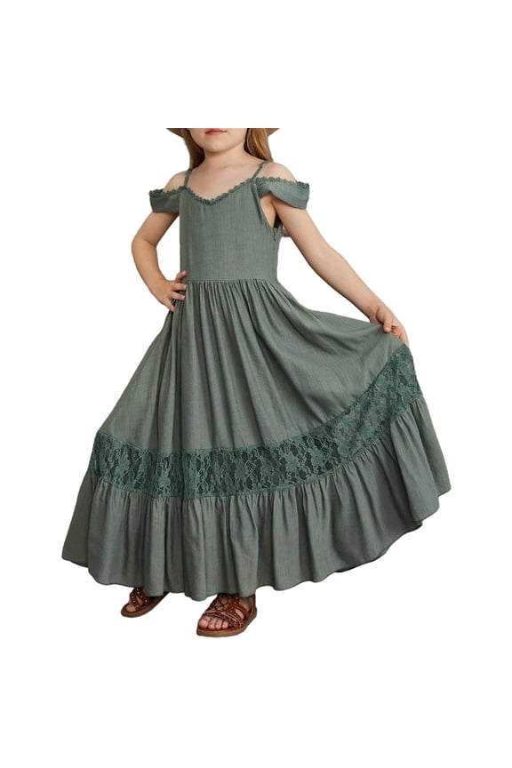 Lace Trim One-Shoulder Suspender Dress, Summer Breathable Casual Dress for Girls, Fashionable Playdate Outfit with Adjustable Straps