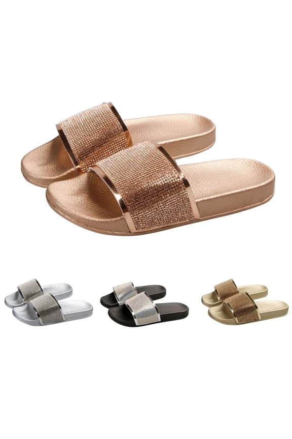 Ladies Wide Width Sandals Summer Open Toe Slide Sandals for Women Glitter Bling Sparkly Rhineston𝖾s Dressy Sandals Beac𝗁 Comfortable Shoes Non-Slip Scuff Slippers