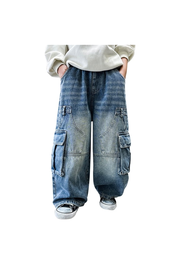 Lightweight Cargo Jeans for Boys - Drawstring Elastic Waist Baggy Denim Pants, Spring Wide Leg Casual Trousers with Multi-Pockets