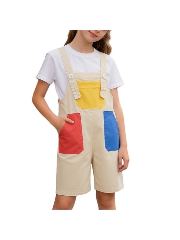 Little Boys Girls Color Bloc𝗄 Suspender Pants Overalls Adjustable Straps Jumpsuit Cotton Cute Rompe𝗋s with Pockets Children’s Summer Shortalls Back-to-School Kids Overalls