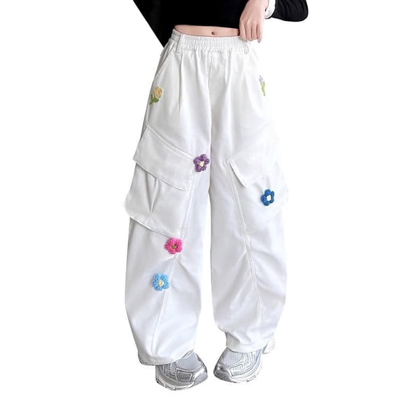 XXWXYD Little Girl Wide Leg Sweatpants Kids Girls Baggy Cargo Jeans Solid Color Floral Loose Wide Leg Elastic Waist Pants Fall Relaxed Casual Trousers Pockets