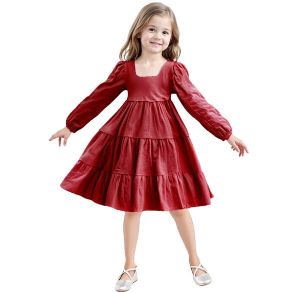 XXWXYD Little Girls Dress Long Sleeve Square Neck Solid Multi Tier A Line Big Swing Dresses Fall Spring Casual Church Par𝗍y Princess Flared Gown 2 to 7 Years Formal