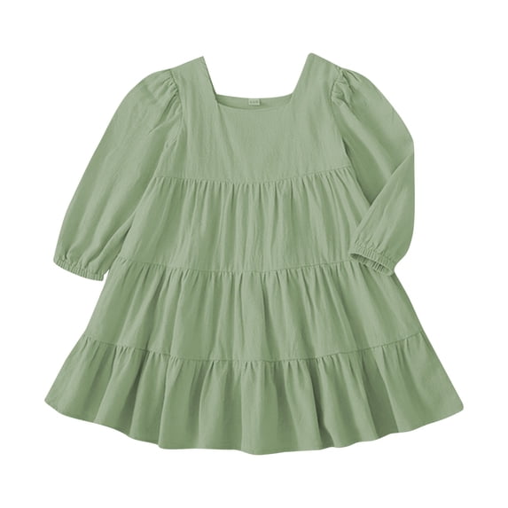 XXWXYD Little Girls Dress Long Sleeve Square Neck Solid Multi Tier A Line Big Swing Dresses Fall Spring Casual Church Par𝗍y Princess Flared Gown 2 to 7 Years Formal