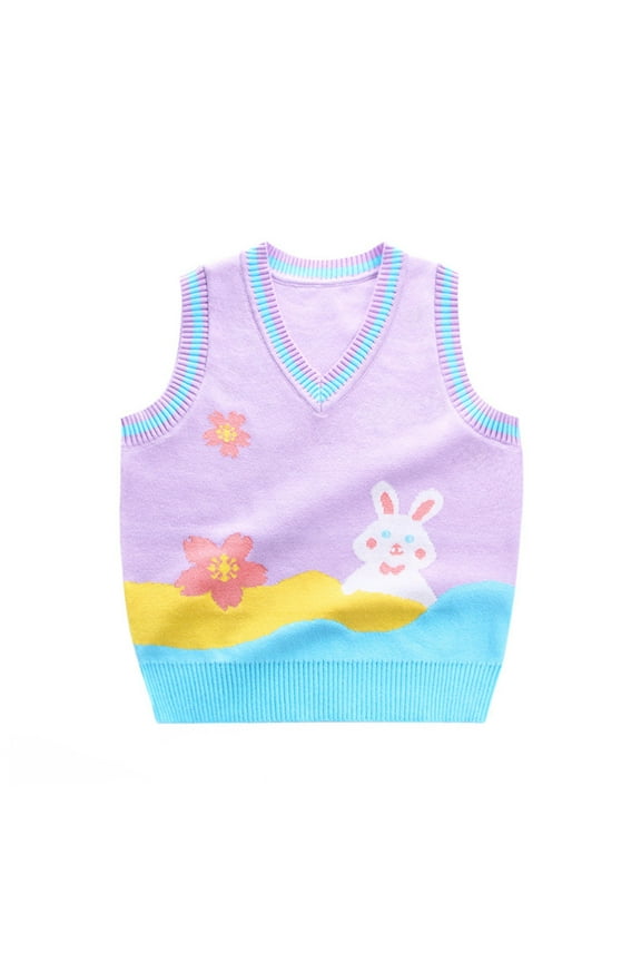 Little Girls Easter Knitted Vest Sweater Cute Bunny Floral Sleeveless V Neck Pullover Sweatshirt Baby Casual Top Cardigan Clothing Apparel