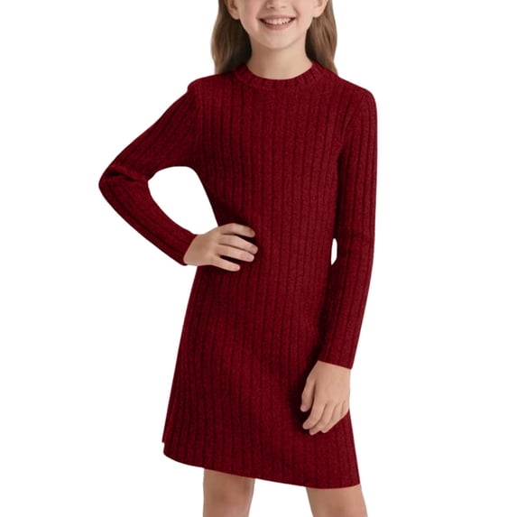 XXWXYD Little Girls Fall Winter Knit Dress Long Sleeve Crewneck Solid Color A Lined Midi Dress Kids Casual Warm Knitwear Sweater Gown Winter Wear Cold Weather