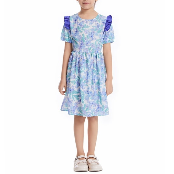 XXWXYD Midi Flower Dress Girls Ruffl𝖾 Short Sleeve Ruched Smoc𝗄ed A Line Holiday Casual Maxi Kids Floral Outfit Party Wear Garden Party Dress