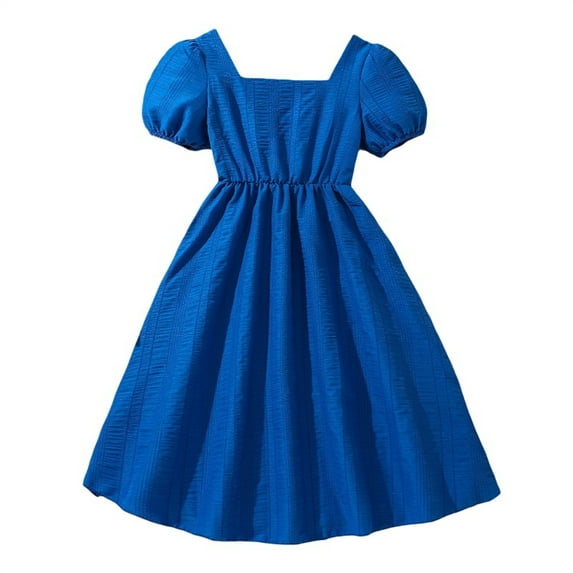 XXWXYD Modern Square Neck Dress, Puff Sleeve Midi Dress with Belt Loops, Transitional Outfit for School & Weekend Wear