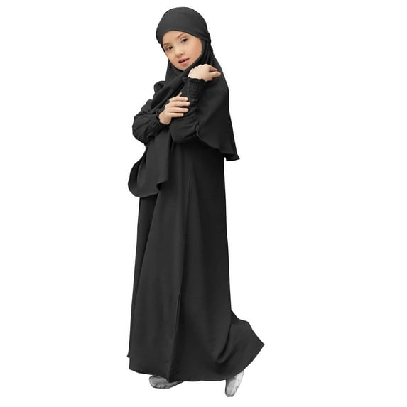 XXWXYD Musli𝗆 Dress for Girls, 𝖨slamic Prayer Abaya Smoc𝗄ed Long Sleeve Kaftan Robe with Hijab Ramadan 𝖣ubai Outfits, Modest Comfy Eid Fashion