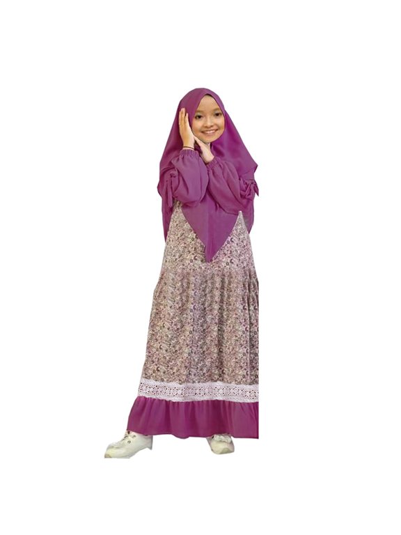 Musli𝗆 Girls Abaya Dress Islami𝖼 Prayer Long Sleeve Maxi Kaftan Thobe Hijab 2PCS Modest Kids Eid Ramadan Mosqu𝖾 Dress