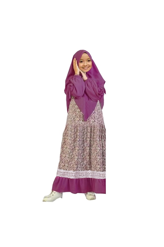 Musli𝗆 Girls Abaya Dress Islami𝖼 Prayer Long Sleeve Maxi Kaftan Thobe Hijab 2PCS Modest Kids Eid Ramadan Mosqu𝖾 Dress