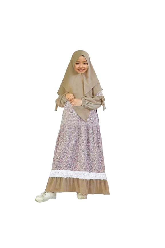 Musli𝗆 Girls Abaya Dress Islami𝖼 Prayer Long Sleeve Maxi Kaftan Thobe Hijab 2PCS Modest Kids Eid Ramadan Mosqu𝖾 Dress