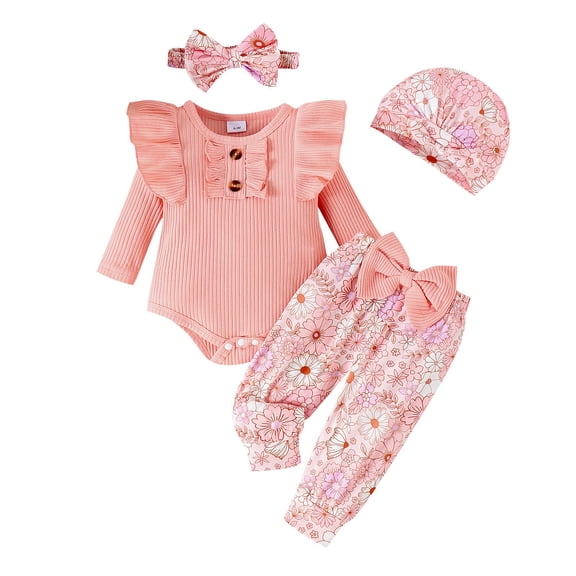 XXWXYD New Girls Set and Toddler Long Sleeved Pajamas   Printed Trousers Hat Hairband Four Piece Set for Classic Fashion Breathable(3-6 Months,Red)