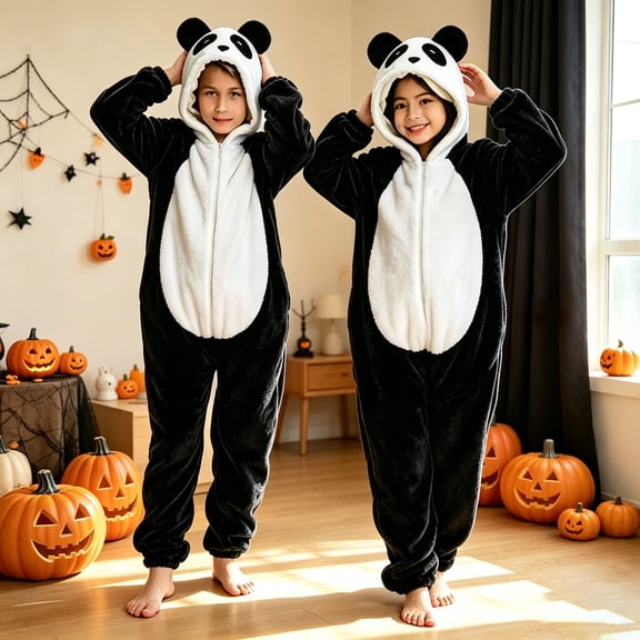 XXWXYD Panda Hooded Jumpsuit for Kids Boys Girls, Black White Plush Animal Full-Zip Dress-Up Outfit with Belly Patch and Ears Hood, Soft Cozy Warm Fleece Plush Jumpsuit