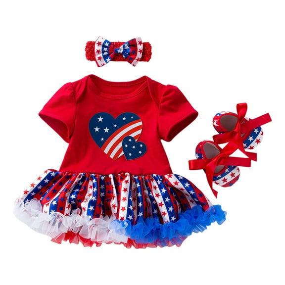 XXWXYD Patriotic 3PC Baby Girl Romper Set - Short Sleeve Stars & Stripes Bodysuit with Hairband, Non-Slip Sole Socks for Crawling, 4th of July Matching Outfit for Independence Day Photos