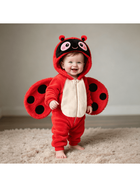 Plush Hooded Jumpsuit for Infant Baby Boys Girls Toddlers Lady-bug Animal Zip Romper with 3D Antennae and Detachable Wings Soft Outfit for Dress Up