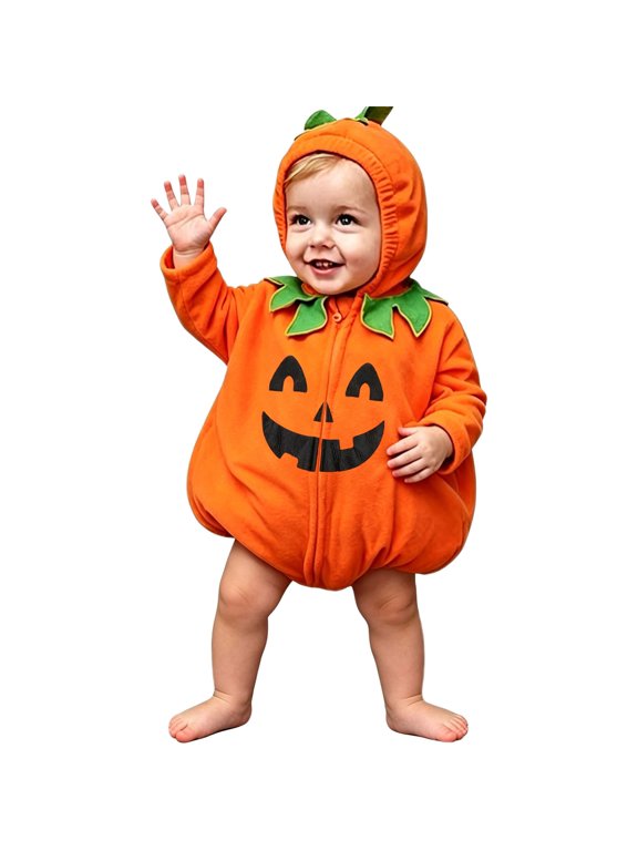 Pumpkin Hooded Fleece Zip Up Bodysuit for Baby Boys Girls Halloween Romper with Multiple Jack O Lantern Prints for Baby Boys Girls Newborn Infant