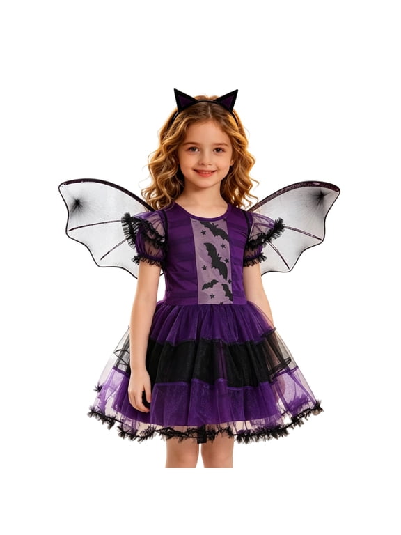 Purple Black Bat Dress-Up Outfit Set for Girls, Tulle Dress with Sheer Bat Wings and Bat Ear Headband Halloween Stage Party, Soft Cozy Warm Fleece Plush Jumpsuit