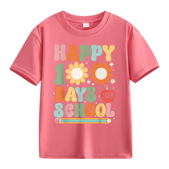 XXWXYD School Season Boys' Fashion Girls and Boys Casual Short Sleeved T Shirt 100 Days Of School Opening 100 Days Anniversary Personality Loose Short Sleeved(10-11Years,Hot Pink)