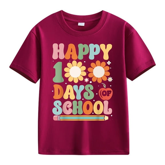 XXWXYD School Season Boys' Fashion Girls and Boys Casual Short Sleeved T Shirt 100 Days Of School Opening 100 Days Anniversary Personality Loose Short Sleeved(4-5 Years,Wine)