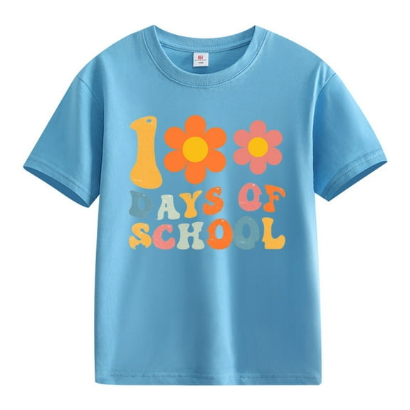 XXWXYD School Season Girl Tops Girls and Boys Casual Short Sleeved T Shirt 100 Days Of School Opening 100 Days Anniversary Personality Loose Short Sleeved (8-9 Years,Sky Blue)
