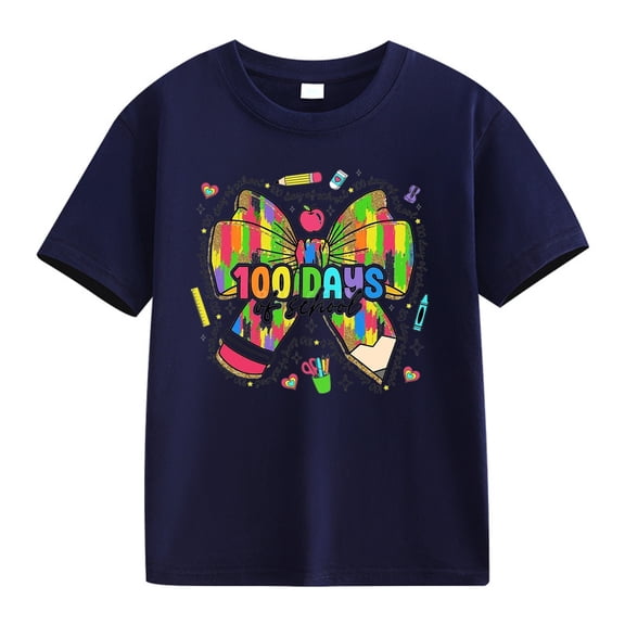 XXWXYD School Season Tops for Girls Girls and Boys Casual Short Sleeved T Shirt 100 Days Of School Opening 100 Days Anniversary Personality Loose Short Sleeved(10-11Years,Navy)