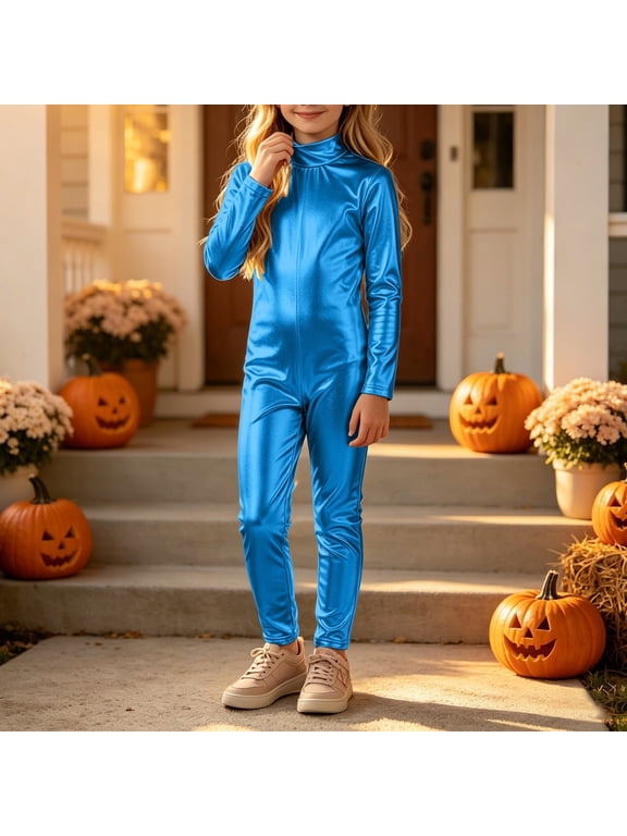 Shiny Mock-Neck Full-Body Jumpsuit for Kids Boys Girls Long Sleeve Long Leg Glossy Metallic Unitard Stage Dance Performance Outfit Easy-Care for Busy Families