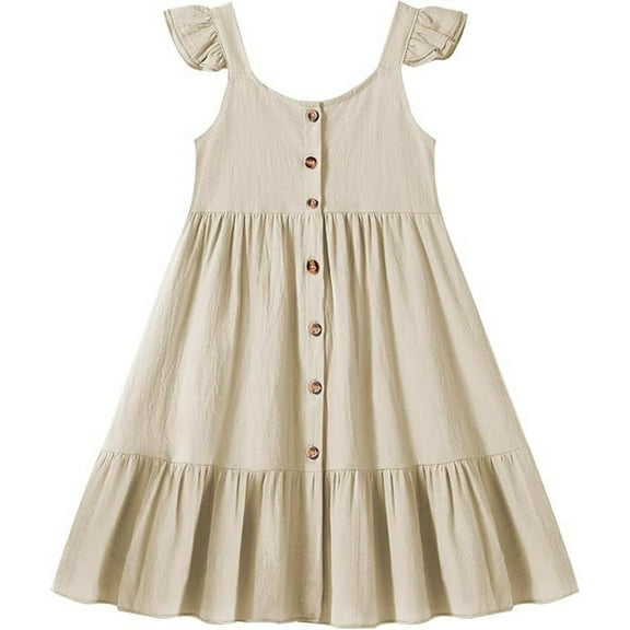 XXWXYD Smocked Neckline Tank Dress for Little Girls - Button Front Camisole Dress with Ruffle Hem | Breathable Summer Play Dress with UV Protection