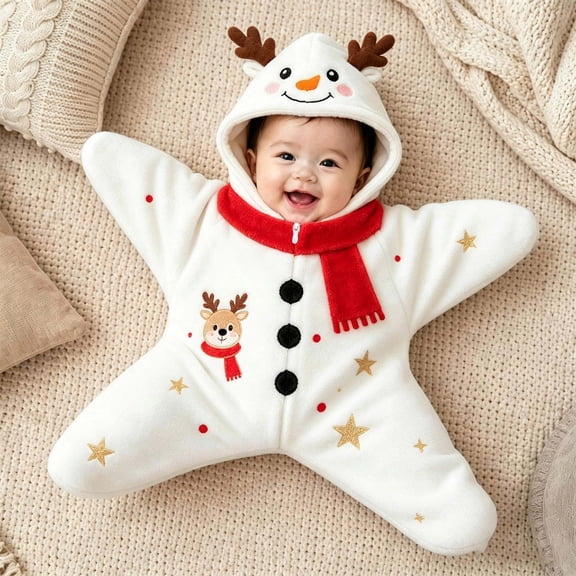XXWXYD Snowman Hooded Star Shape Flannel Jumpsuit with Scarf Full Zip Winter Holiday Romper for Baby Girls Boys Newborn Infant Christmas Photos Outfit