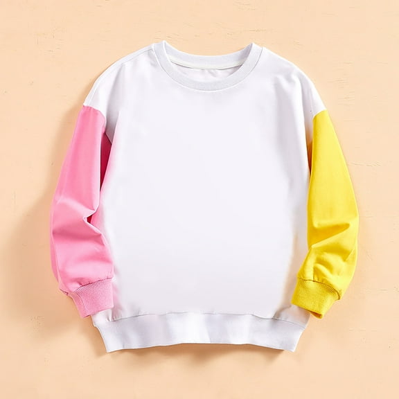 XXWXYD Solid Color Patchwork Kids Sweatshirt, Soft Cotton Warm Crewneck Long Sleeve Pullover for Girls Minimalist Style Casual Wear