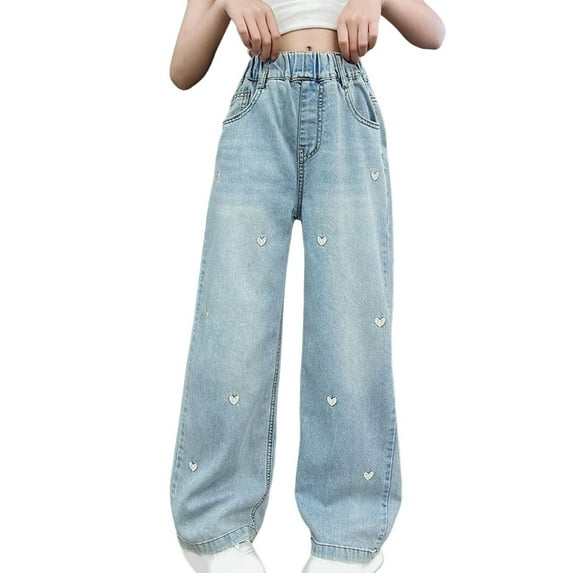 XXWXYD Stylish Kids' Clothes Big Girls Wide Leg Jeans Heart Embroidery Denim Pants Vintage Loose Fit Casual Straight Leg Pants with Pockets Durable Boys' Denim Jeans(13-14 Years,Blue)