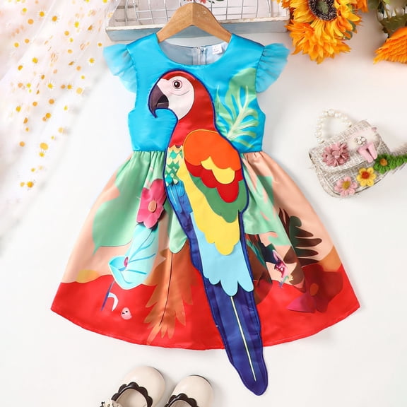 XXWXYD Summer Girls Creative Cartoon Parrot Appliqued Embroidery Mesh Flysleeve Patchwork Dress, Spring Baby Girl Outfits with Tropical Design, Playful