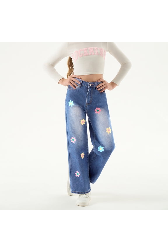 Teen Girls Vintage Washed Denim Jeans High Waist Wide Leg Retro Trousers Flower Graphic Straight Pants 𝖸𝟤𝖪 Streetwear Cute Casual Everyday Bottoms