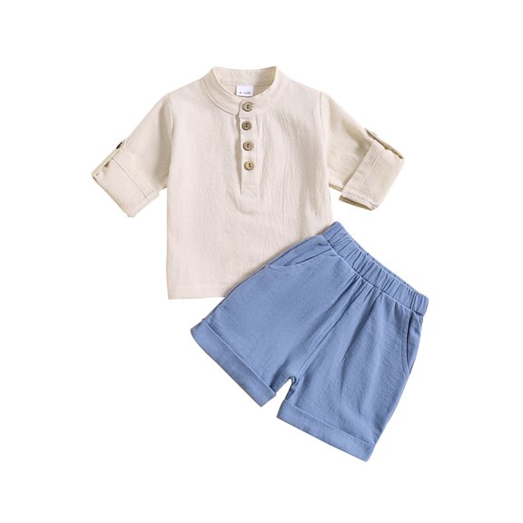 XXWXYD Toddler Baby Boy Girl Summer Outfits 2pcs Cotton Linen Mandarin Collar Button Shirts and Pull On Shorts Set Rolled Up Co-ords Girls Summer Outfits