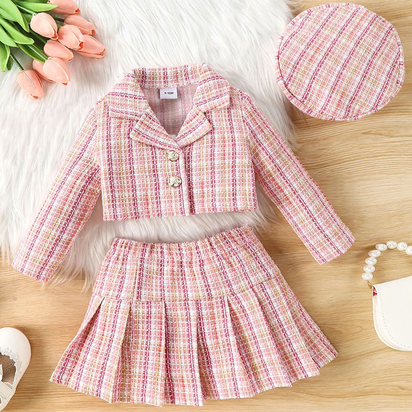 XXWXYD Toddler Baby Girl Fall Winter Clothes Set, Plaid Cardigan Jacket and Pleated Skirt with Hat, Formal Outfits Par𝗍y Dress