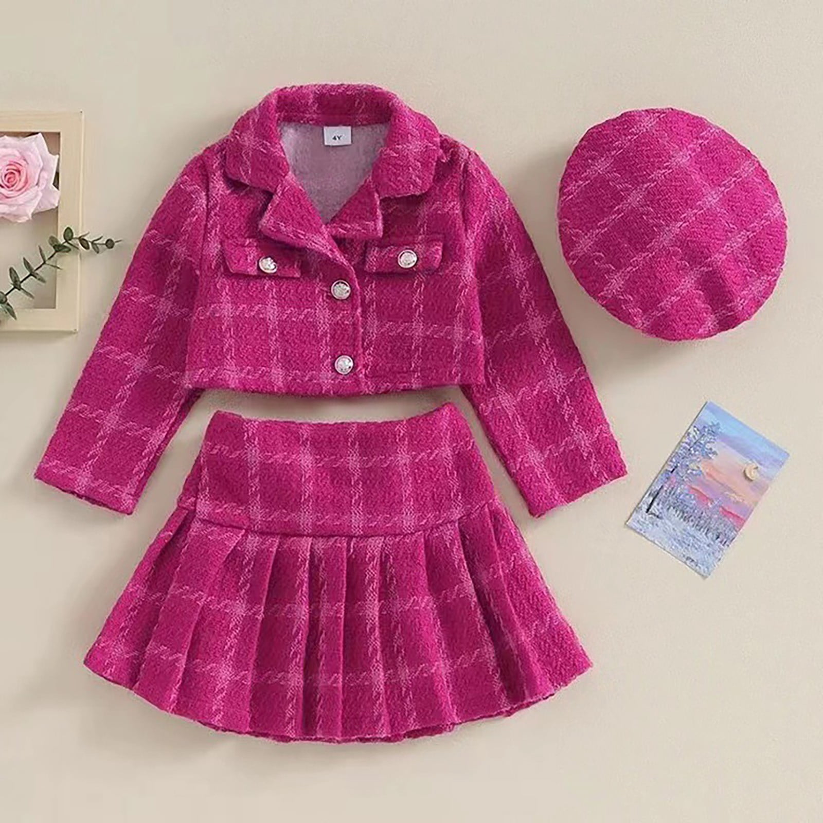 XXWXYD Toddler Baby Girl Fall Winter Clothes Set, Plaid Cardigan Jacket and Pleated Skirt with Hat, Formal Outfits Par𝗍y Dress